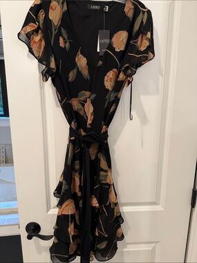 Lauren Ralph Lauren Black Floral Tiered Ruffle Dress NWT